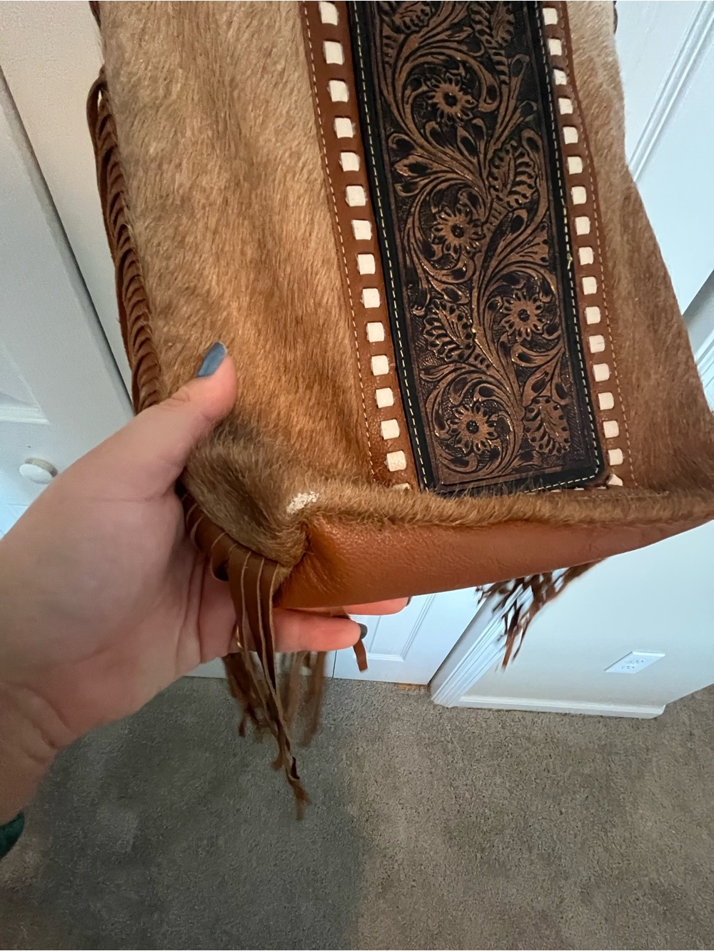 Myra Bag Brown Hair-on-Hide Crossbody with Tooled Leather Panel and Fringe - Picture 5 of 12